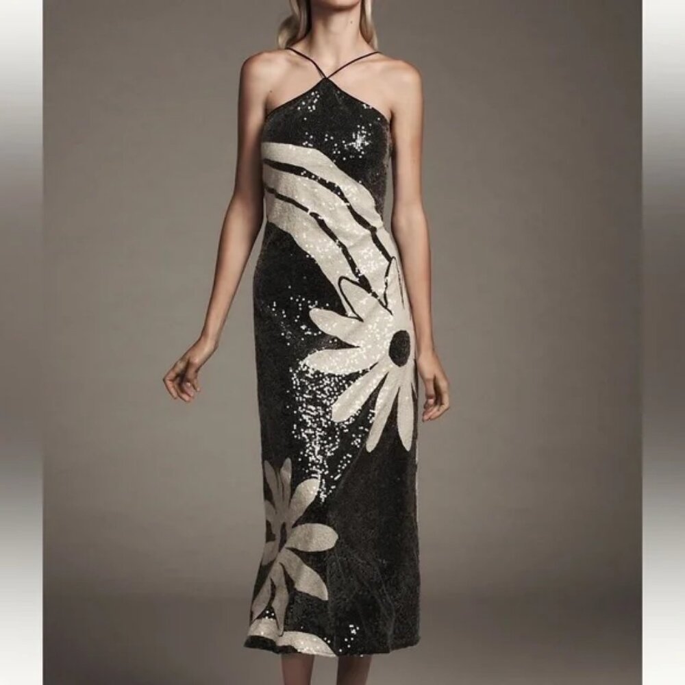 FARM Rio Gray and Cream Asymmetrical Sheath Midi Dress